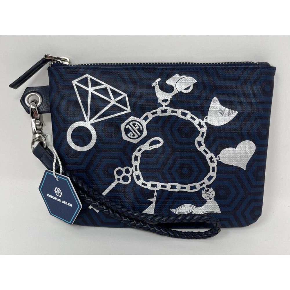 Jonathan Adler Navy Wristlet Silver Charm Jewelry Print Small Zip Pouch NWT - Picture 9 of 11